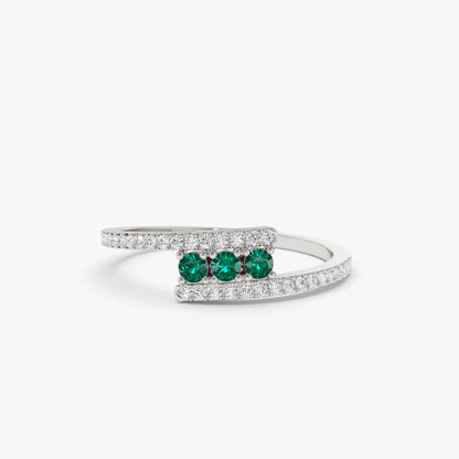 14K Cross Over Diamond Ring | Round Emerald Accents | Vintage Inspired Stackable Band | VLOVE