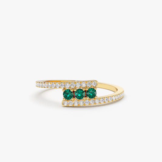 14K Cross Over Diamond Ring | Round Emerald Accents | Vintage Inspired Stackable Band | VLOVE