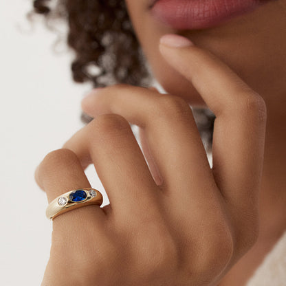 14K Oval Sapphire and Diamond Dome Ring | Custom Luxury Statement Ring | Certified Gemstone Jewelry | VLOVE