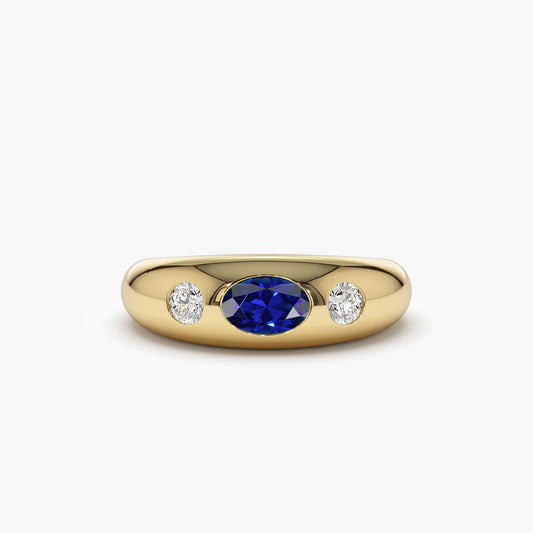 14K Oval Sapphire and Diamond Dome Ring | Custom Luxury Statement Ring | Certified Gemstone Jewelry | VLOVE