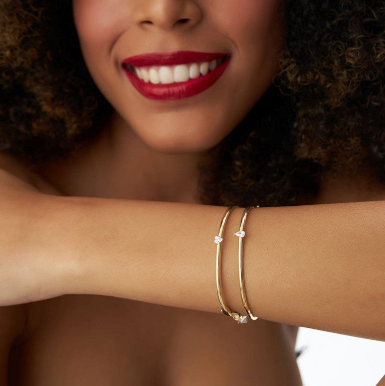14K Gold Pear Shape Diamond Solitaire Bangle | 3mm Thin Bracelet for Women | Elegant Minimalist Jewelry | VLOVE