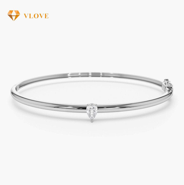 14K Gold Pear Shape Diamond Solitaire Bangle | 3mm Thin Bracelet for Women | Elegant Minimalist Jewelry | VLOVE