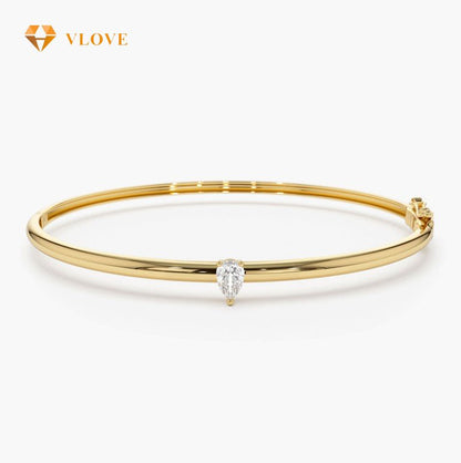 14K Gold Pear Shape Diamond Solitaire Bangle | 3mm Thin Bracelet for Women | Elegant Minimalist Jewelry | VLOVE
