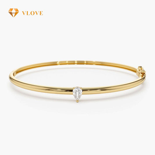 14K Gold Pear Shape Diamond Solitaire Bangle | 3mm Thin Bracelet for Women | Elegant Minimalist Jewelry | VLOVE
