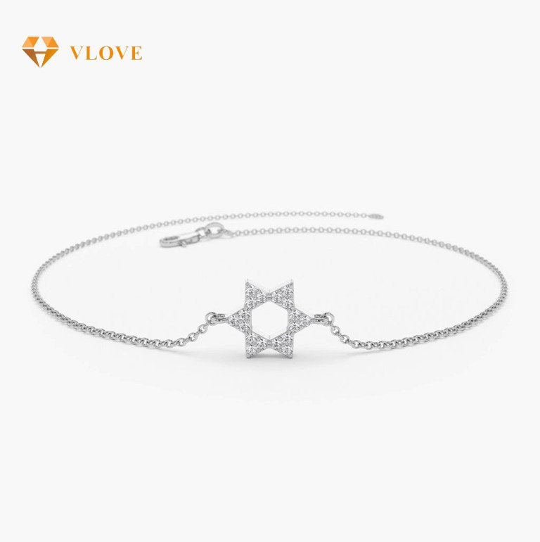 14K Gold Star of David Diamond Bracelet | Thin Chain Link Bracelet | Minimalist Religious Jewelry | VLOVE