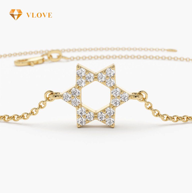 14K Gold Star of David Diamond Bracelet | Thin Chain Link Bracelet | Minimalist Religious Jewelry | VLOVE