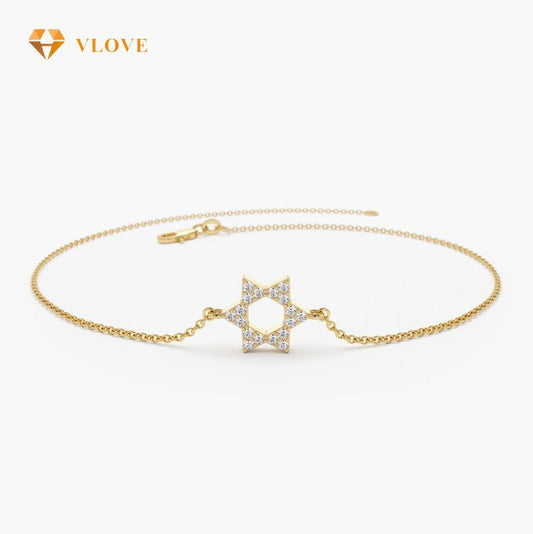 14K Gold Star of David Diamond Bracelet | Thin Chain Link Bracelet | Minimalist Religious Jewelry | VLOVE