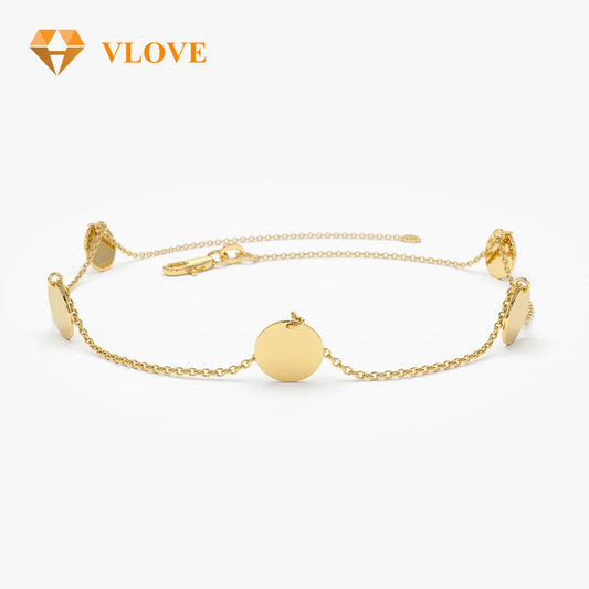 14K Gold Engraved Disc Chain Bracelet | Dangling Pendant Link Bracelet | Elegant Women's Jewelry | VLOVE