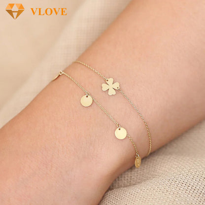 14K Gold Engraved Disc Chain Bracelet | Dangling Pendant Link Bracelet | Elegant Women's Jewelry | VLOVE
