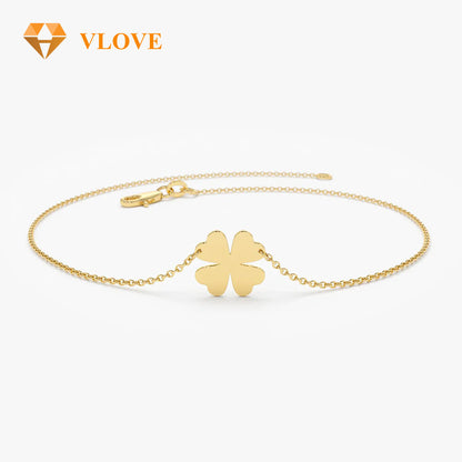 14K Gold Four Leaf Clover Charm Bracelet | Lucky Clover Chain Bracelet for Women | Dainty Gold Jewelry | VLOVE