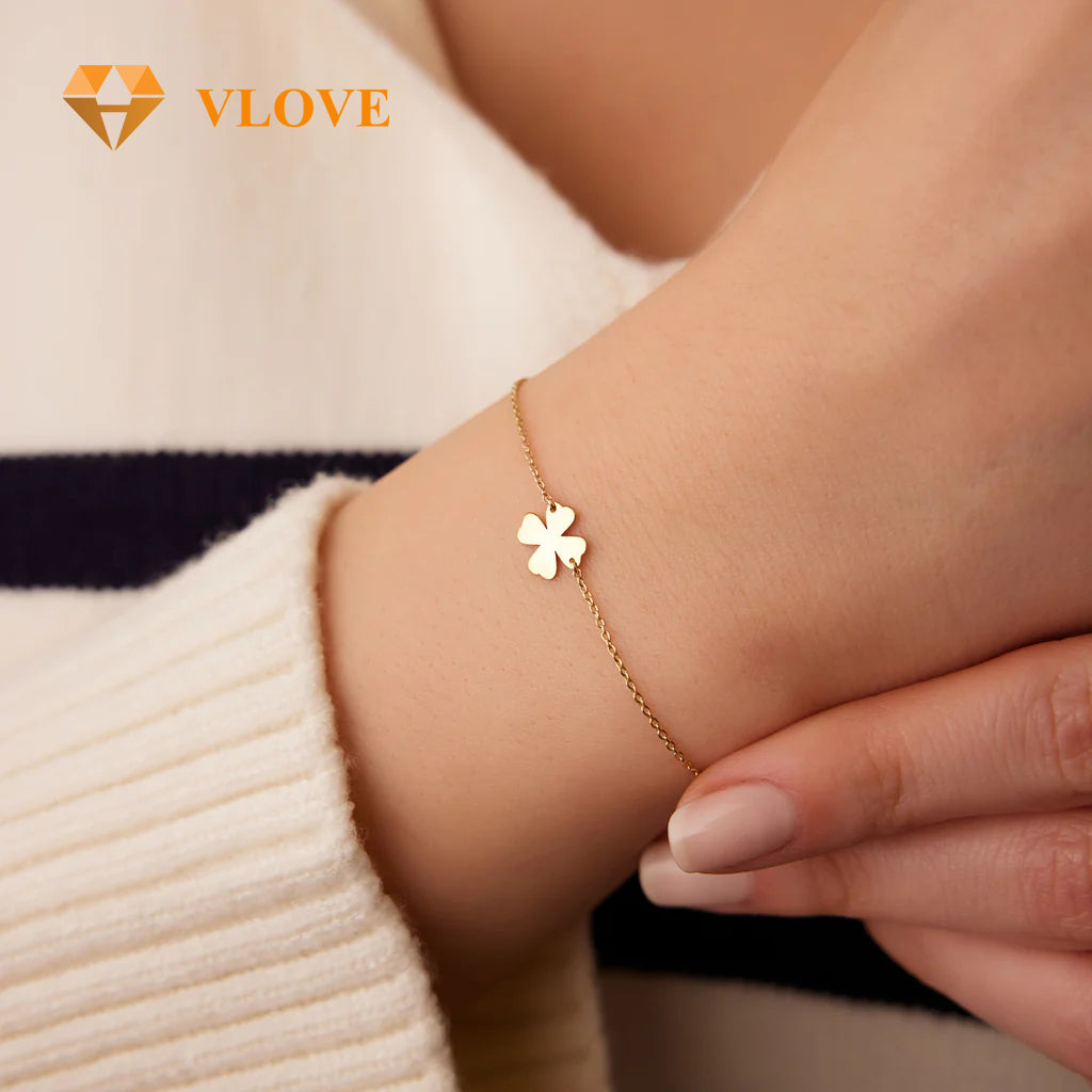 14K Gold Four Leaf Clover Charm Bracelet | Lucky Clover Chain Bracelet for Women | Dainty Gold Jewelry | VLOVE