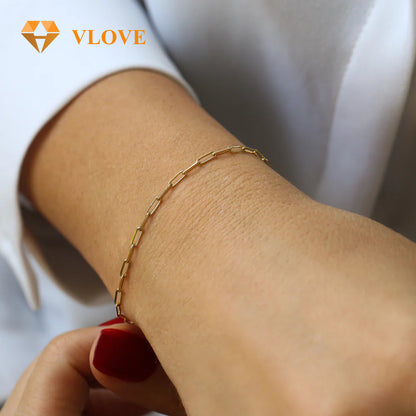 14K Gold Paper Clip Link Bracelet | Ultra Thin Chain Bracelet for Women | Minimalist Daily Jewelry | VLOVE