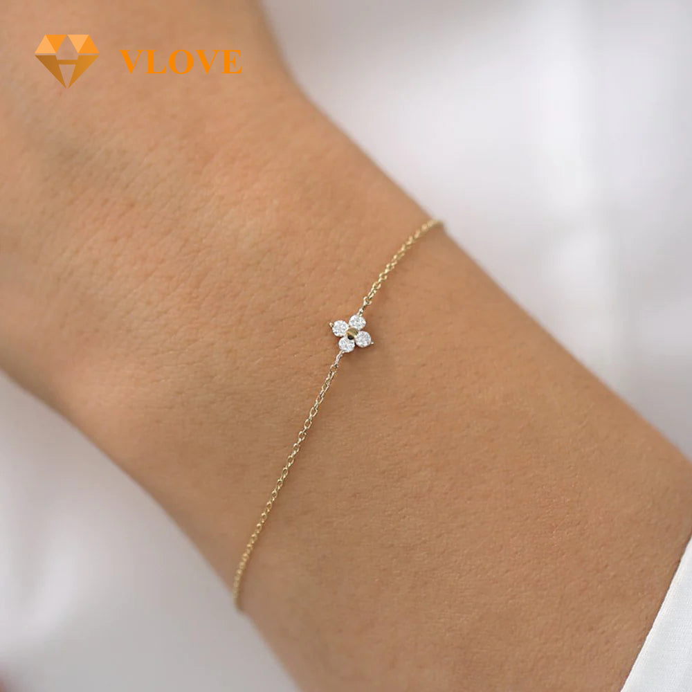 14K Gold Four Leaf Clover Diamond Bracelet | Lucky Charm Chain Bracelet for Women | Symbolic Jewelry Gift | VLOVE