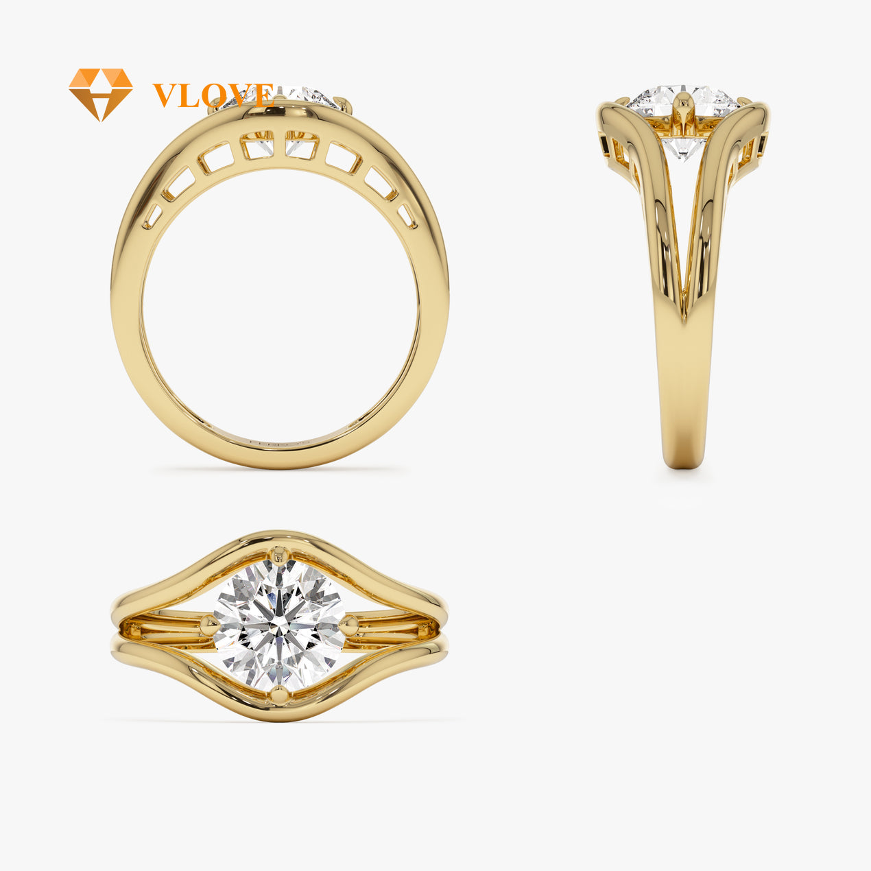 Lab Grown Diamond Split Shank Ring | 1.50 CTW Round Cut | 14K Gold Engagement Ring for Women | VLOVE