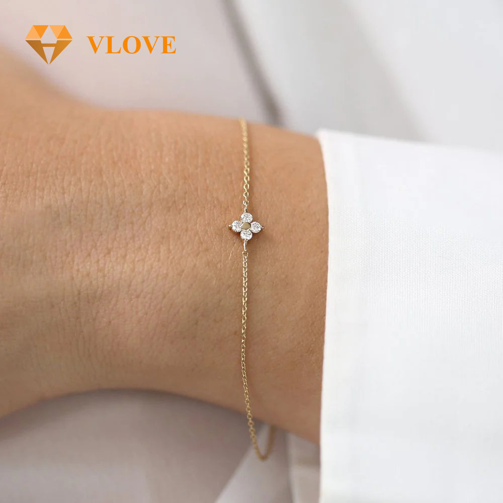 14K Gold Four Leaf Clover Diamond Bracelet | Lucky Charm Chain Bracelet for Women | Symbolic Jewelry Gift | VLOVE