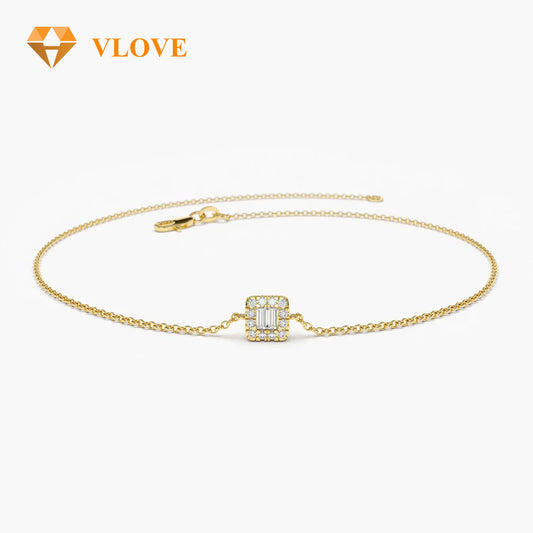 14K Gold Baguette and Round Diamond Station Bracelet | Tennis Chain Bracelet for Couples | Luxury Matching Jewelry | VLOVE