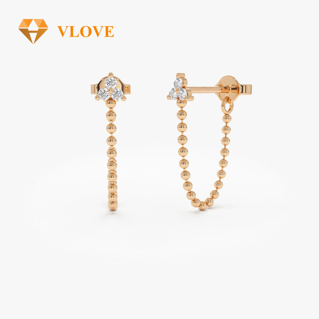 14K Solid Gold Beaded Diamond Earrings | Trio Dangling Studs | Luxury Women's Jewelry | VLOVE Bespoke