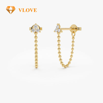 14K Solid Gold Beaded Diamond Earrings | Trio Dangling Studs | Luxury Women's Jewelry | VLOVE Bespoke