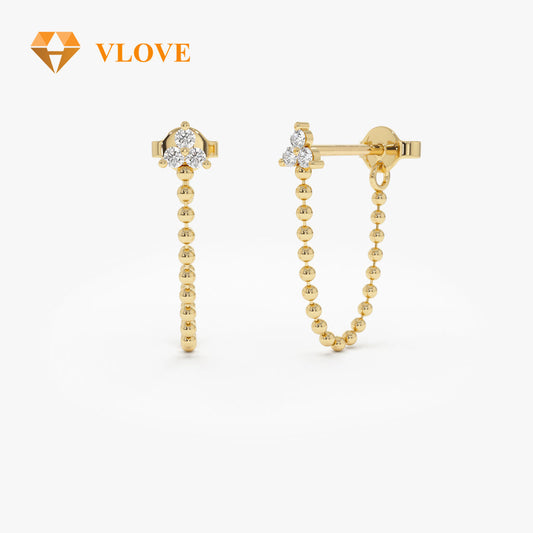 14K Solid Gold Beaded Diamond Earrings | Trio Dangling Studs | Luxury Women's Jewelry | VLOVE Bespoke