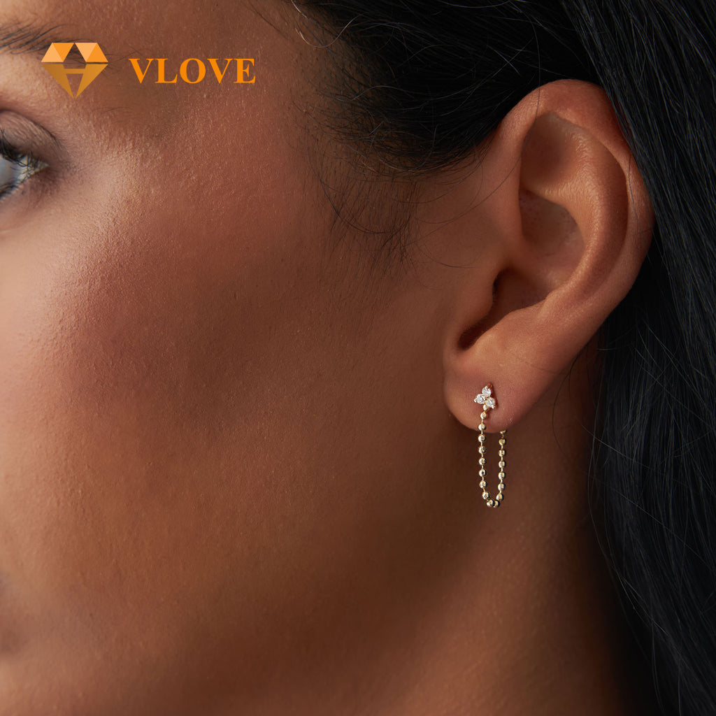 14K Solid Gold Beaded Diamond Earrings | Trio Dangling Studs | Luxury Women's Jewelry | VLOVE Bespoke