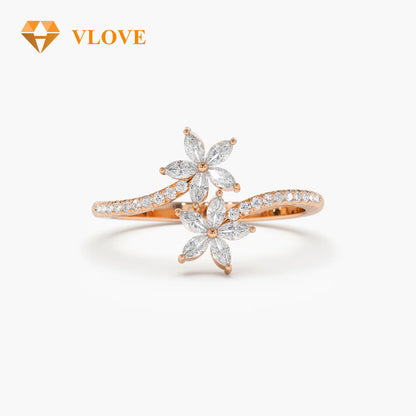 Super VLOVE Custom Jewelry Manufacturer Real Certified Natural Diamond Engagement Ring Marquise Diamond Bypass Flower Ring in 14K