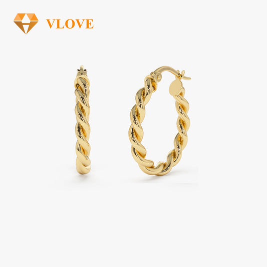 14K Twist Rope Hoop Earrings | 20MM Dangle Drop Earrings | Gold Rope Design Jewelry | VLOVE Custom