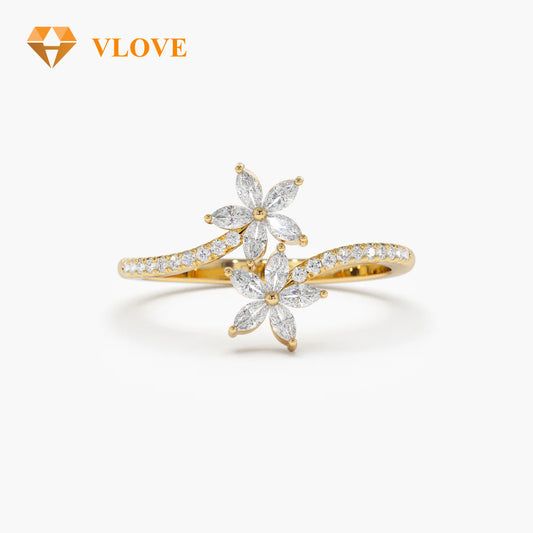 Super VLOVE Custom Jewelry Manufacturer Real Certified Natural Diamond Engagement Ring Marquise Diamond Bypass Flower Ring in 14K