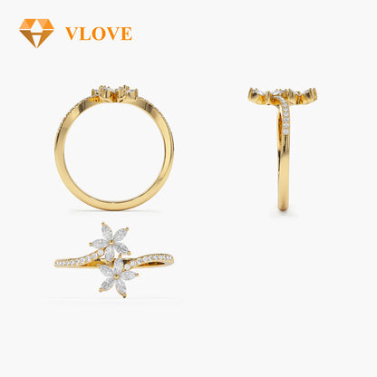 Super VLOVE Custom Jewelry Manufacturer Real Certified Natural Diamond Engagement Ring Marquise Diamond Bypass Flower Ring in 14K