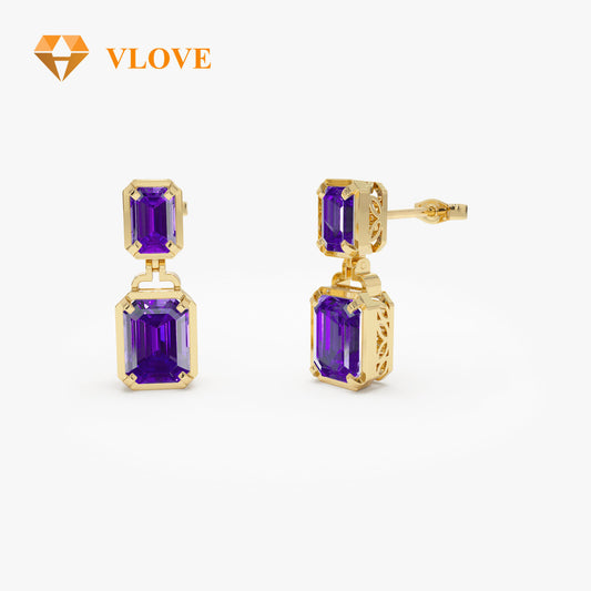 14K Gold Purple Amethyst Dangle Earrings | Customizable Gemstone Drop Earrings | Yellow Citrine Green Peridot London Blue Topaz Red Garnet | VLOVE