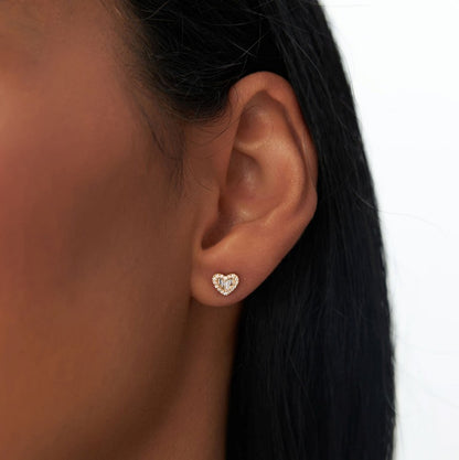 14K Natural Diamond Heart Stud Earrings | Round Baguette Cut | Dainty Gift for Her | VLOVE