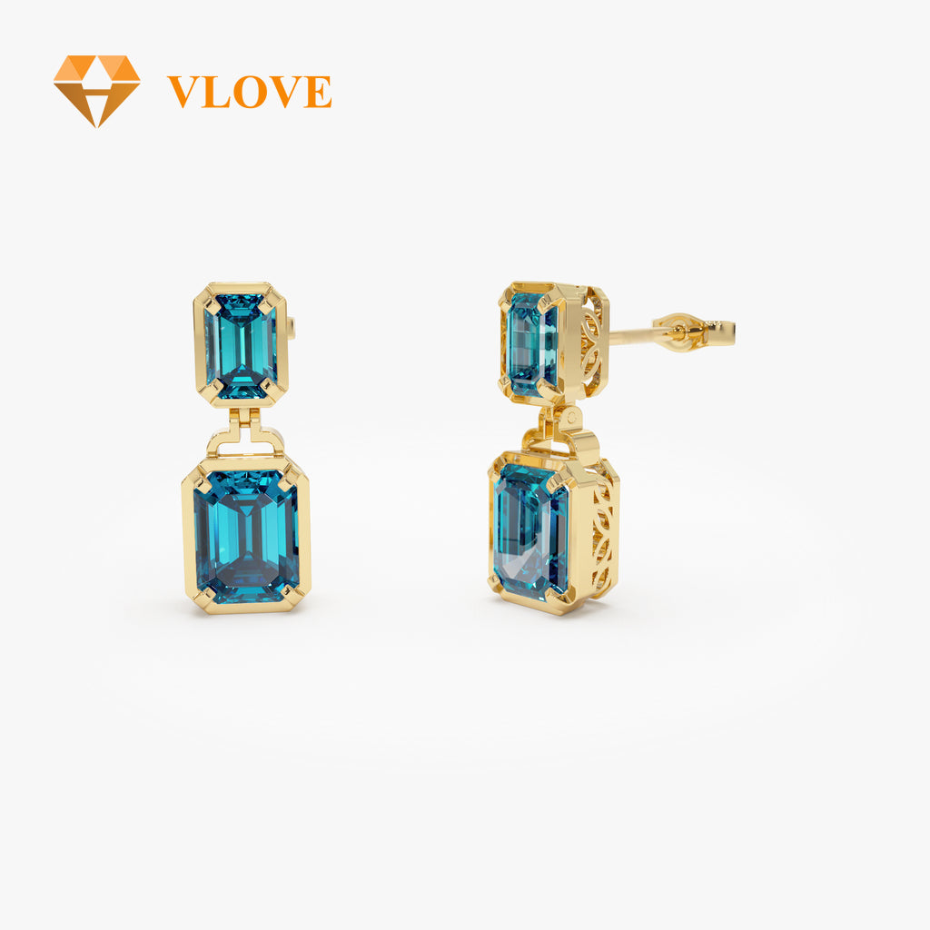 14K Gold Purple Amethyst Dangle Earrings | Customizable Gemstone Drop Earrings | Yellow Citrine Green Peridot London Blue Topaz Red Garnet | VLOVE