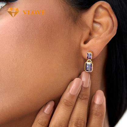 14K Gold Purple Amethyst Dangle Earrings | Customizable Gemstone Drop Earrings | Yellow Citrine Green Peridot London Blue Topaz Red Garnet | VLOVE