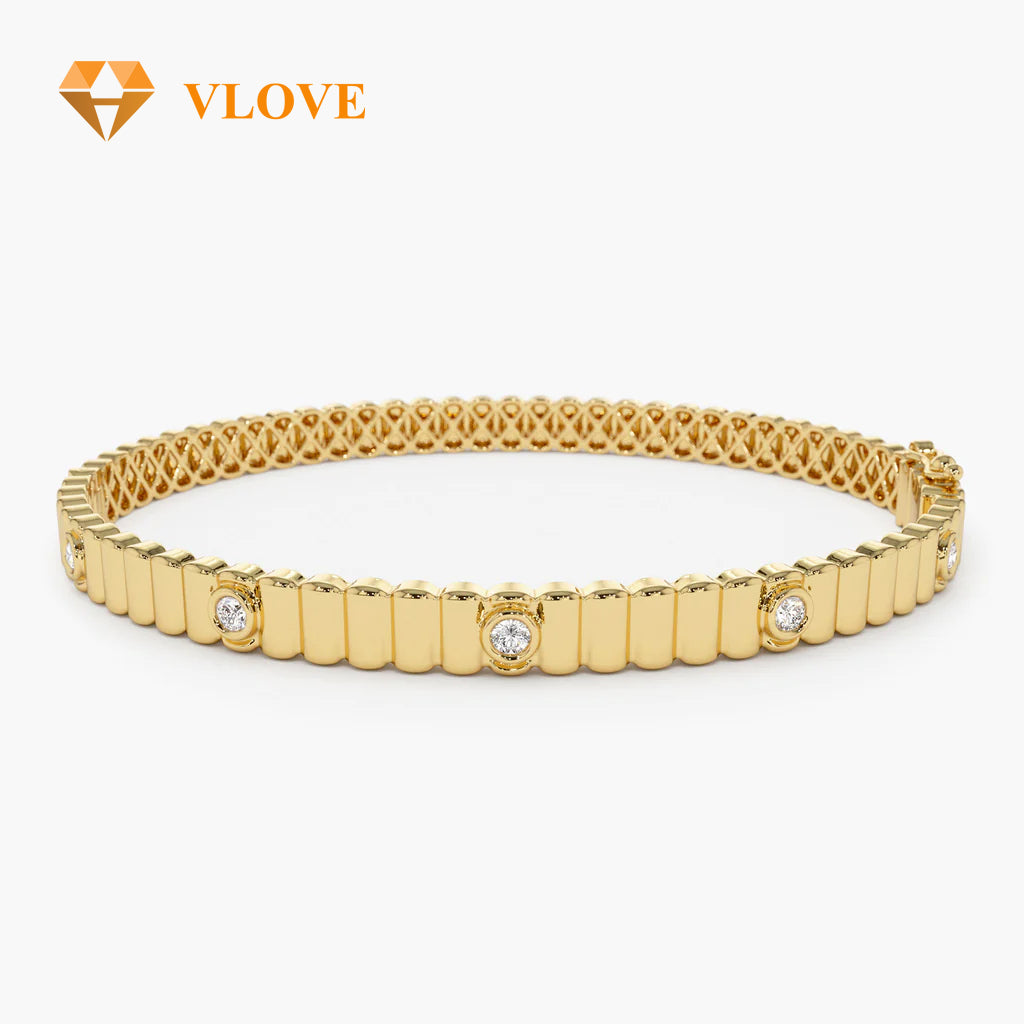 14K Gold Ribbed Diamond Bangle Bracelet | Party Wear Jewelry for Women | Best Selling Gift Idea | VLOVE