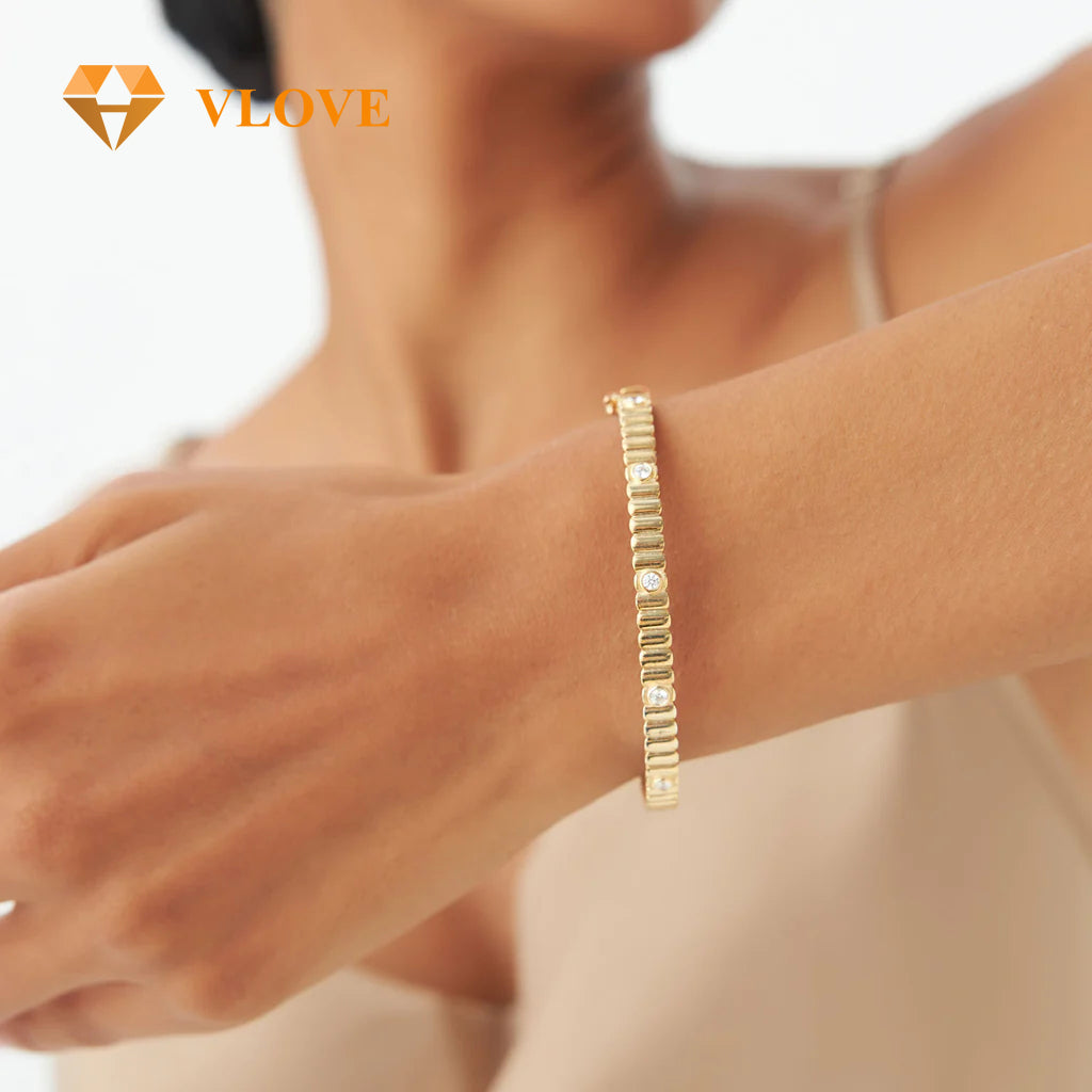 14K Gold Ribbed Diamond Bangle Bracelet | Party Wear Jewelry for Women | Best Selling Gift Idea | VLOVE