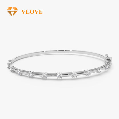 14K Gold Bar & Round Cut Diamond Open Bangle | 0.50 CTW Graduated Diamond Bracelet for Lovers | Minimalist Luxury Jewelry | VLOVE