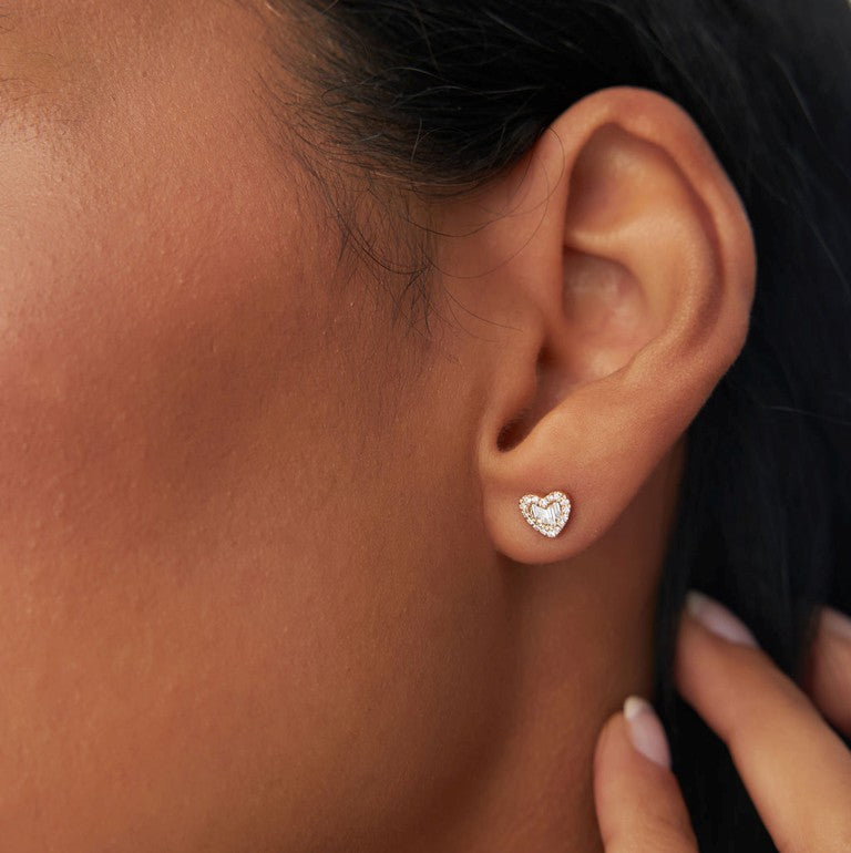 14K Natural Diamond Heart Stud Earrings | Round Baguette Cut | Dainty Gift for Her | VLOVE