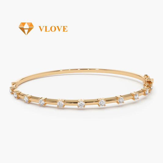 14K Gold Bar & Round Cut Diamond Open Bangle | 0.50 CTW Graduated Diamond Bracelet for Lovers | Minimalist Luxury Jewelry | VLOVE