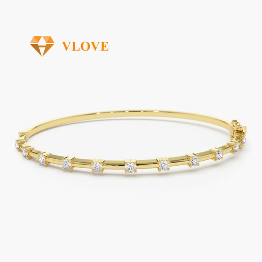 14K Gold Bar & Round Cut Diamond Open Bangle | 0.50 CTW Graduated Diamond Bracelet for Lovers | Minimalist Luxury Jewelry | VLOVE