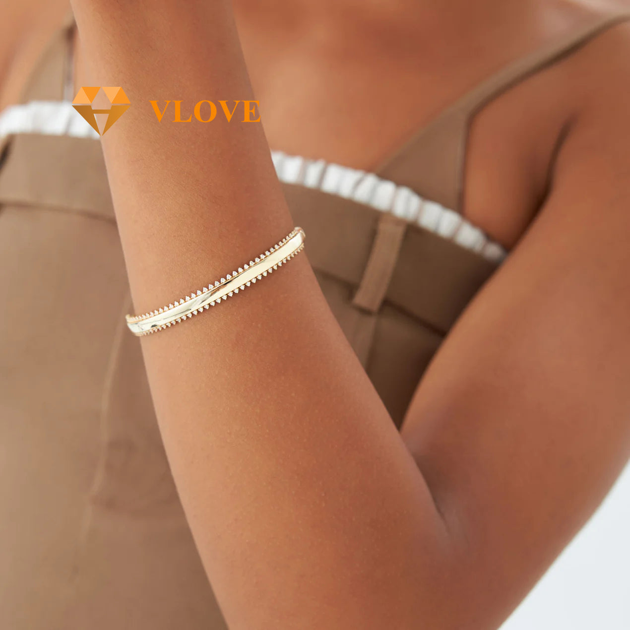 14K Solid Gold Double Row Diamond Bangle | 0.85 CTW Luxury Statement Bracelet for Women | Elegant Stackable Jewelry | VLOVE