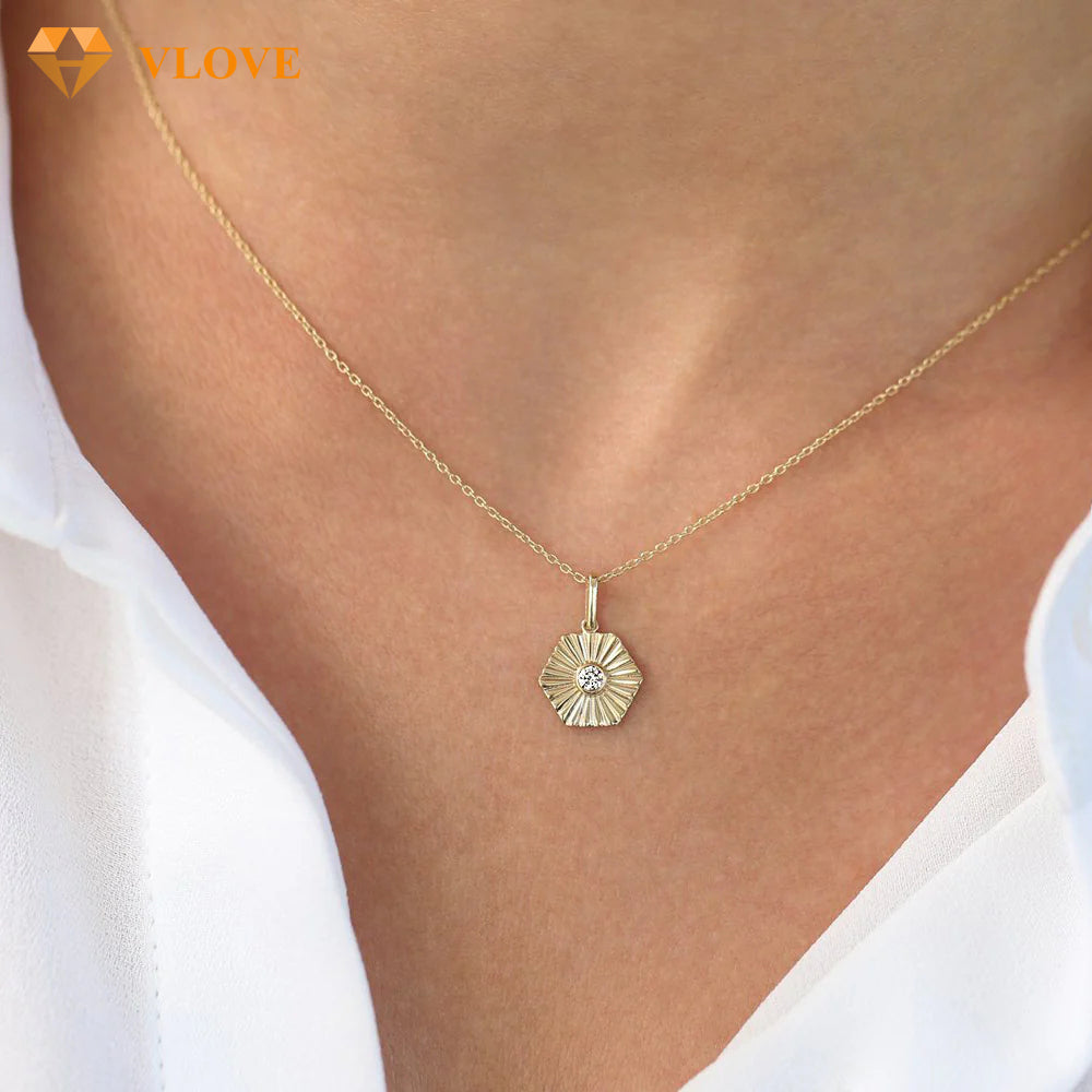 Hexagon Diamond Necklace | 14K Gold Ray Disc Pendant | Customizable Jewelry for Women | VLOVE