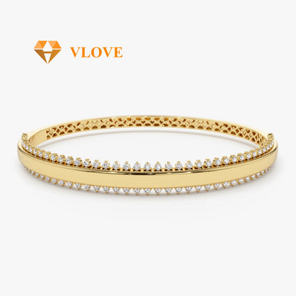 14K Solid Gold Double Row Diamond Bangle | 0.85 CTW Luxury Statement Bracelet for Women | Elegant Stackable Jewelry | VLOVE