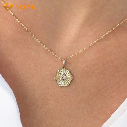 Hexagon Diamond Necklace | 14K Gold Ray Disc Pendant | Customizable Jewelry for Women | VLOVE