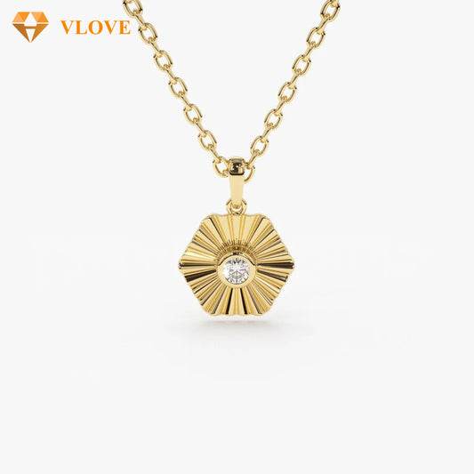 Hexagon Diamond Necklace | 14K Gold Ray Disc Pendant | Customizable Jewelry for Women | VLOVE