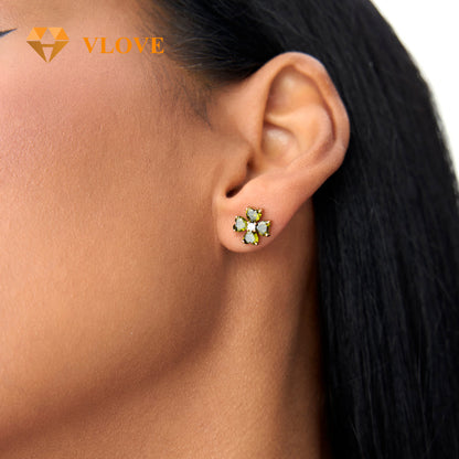 14K Garnet Amethyst Peridot Topaz Citrine Clover Stud Earrings | Four Leaf Lucky Charm with Gemstone Accent | Semi-Precious Gemstone Jewelry | VLOVE