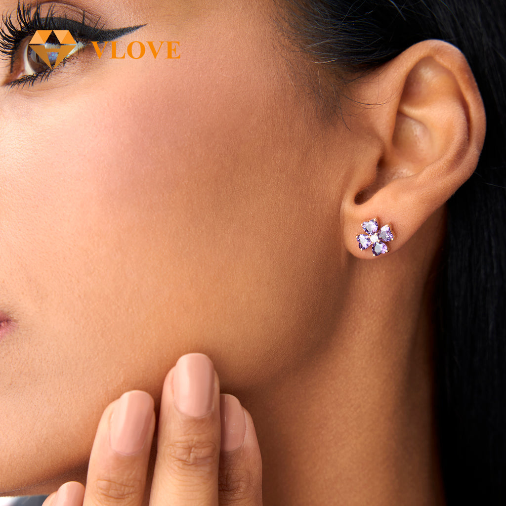 14K Garnet Amethyst Peridot Topaz Citrine Clover Stud Earrings | Four Leaf Lucky Charm with Gemstone Accent | Semi-Precious Gemstone Jewelry | VLOVE