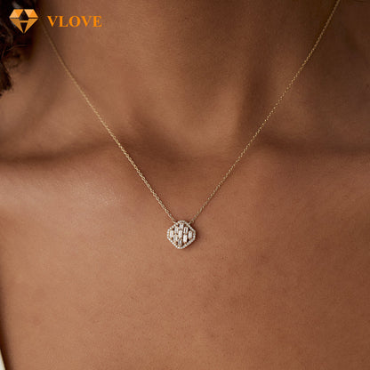 Baguette Diamond Halo Necklace | 14K Gold Spring Collection | Women's Fashion Jewelry with Certified Natural Diamonds | VLOVE