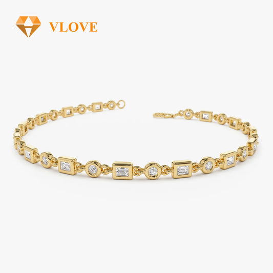 14K Gold Round & Baguette Lab Diamond Party Bracelet | Mixed Cut Sparkling Chain | Women's Luxury Event Jewelry | VLOVE