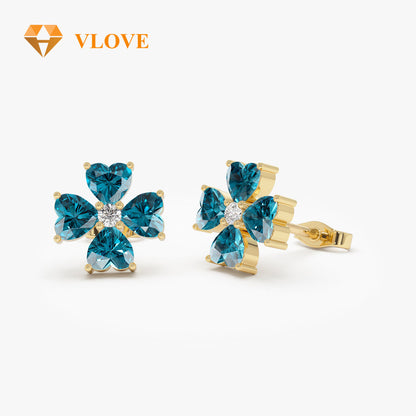 14K Garnet Amethyst Peridot Topaz Citrine Clover Stud Earrings | Four Leaf Lucky Charm with Gemstone Accent | Semi-Precious Gemstone Jewelry | VLOVE