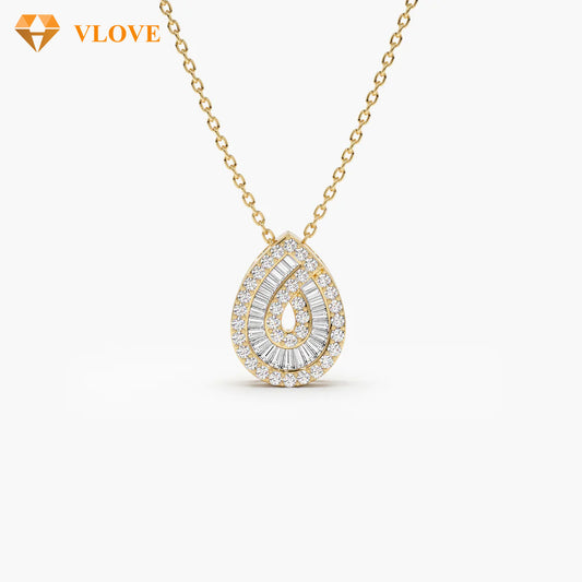 Teardrop Diamond Necklace | 14K Gold Baguette & Round Cut Natural Diamonds | Statement Pendant Jewelry | VLOVE