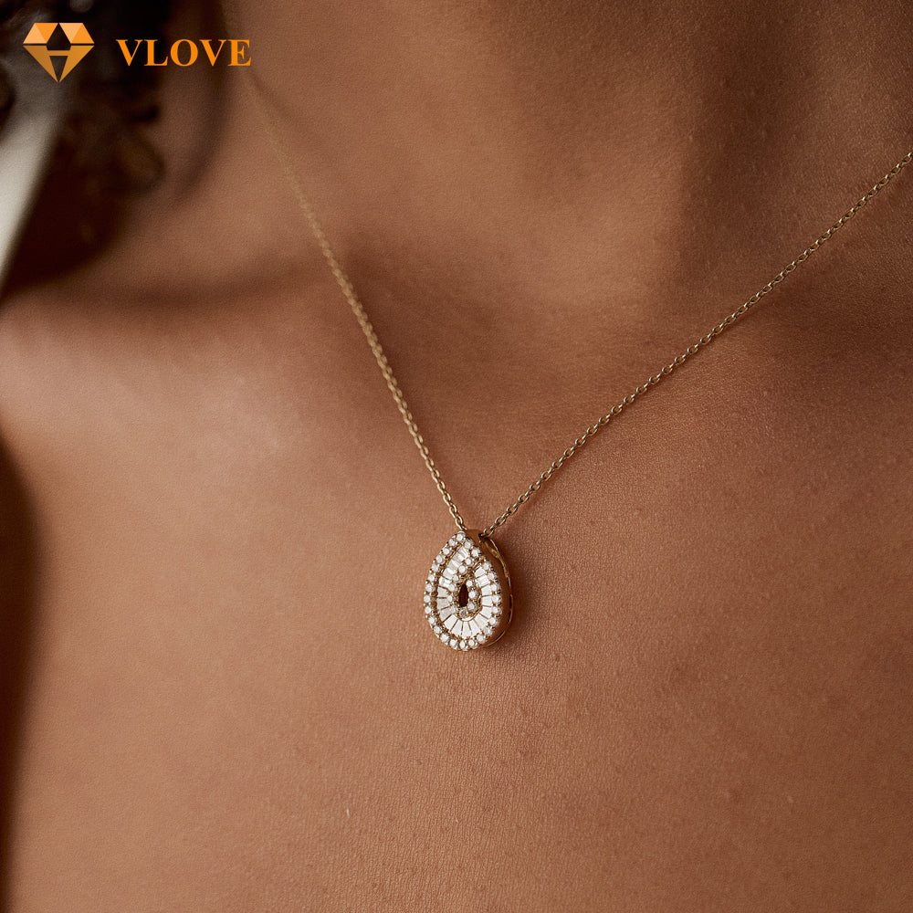 Teardrop Diamond Necklace | 14K Gold Baguette & Round Cut Natural Diamonds | Statement Pendant Jewelry | VLOVE